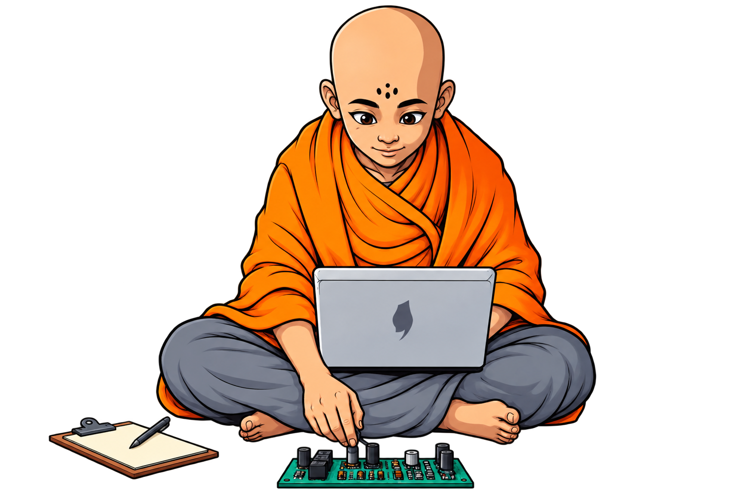 Monk research assistant working with a laptop and circuit board
